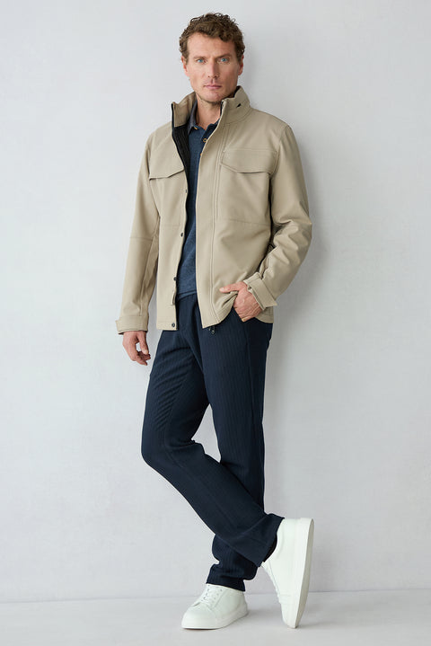 Mid-Denim Relaxed Striped Casual Trousers with Back Elasticated Waist
