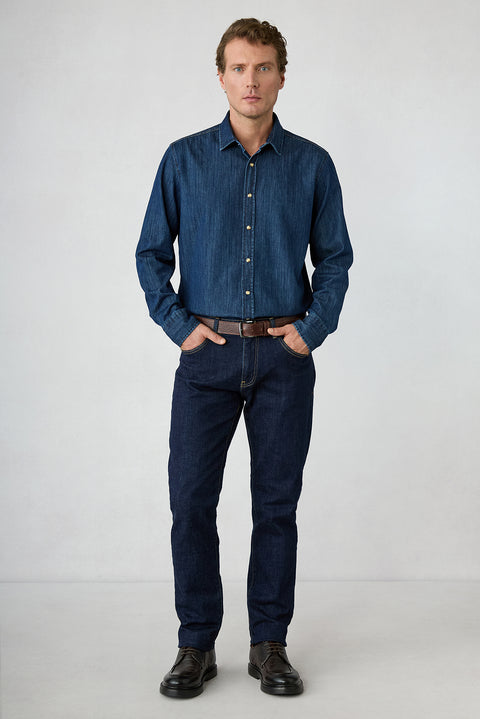 Dark Navy Regular Fit Plain Cotton 5-Pocket Denim Trousers