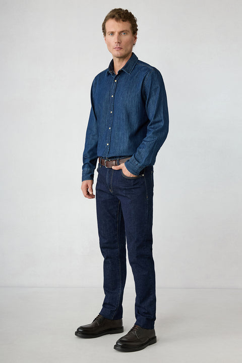 Dark Navy Regular Fit Plain Cotton 5-Pocket Denim Trousers