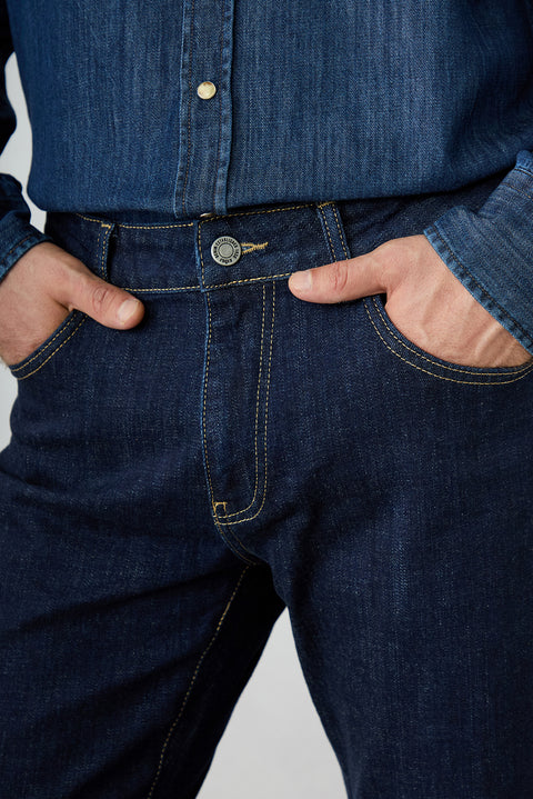 Dark Navy Regular Fit Plain Cotton 5-Pocket Denim Trousers