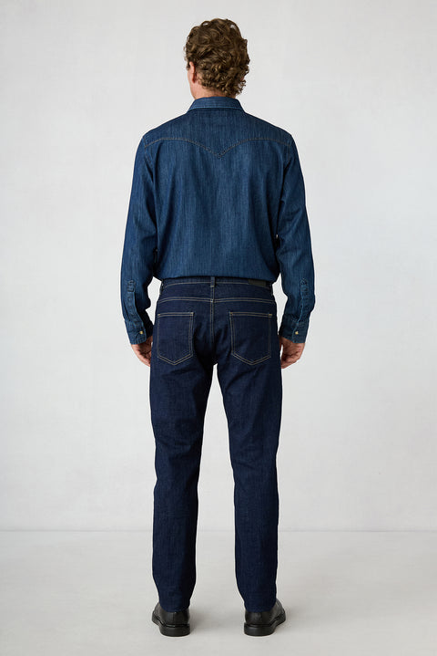 Dark Navy Regular Fit Plain Cotton 5-Pocket Denim Trousers