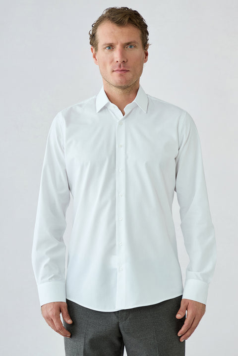 White Long Sleeve Slim Fit Ribbed Cotton Shirt