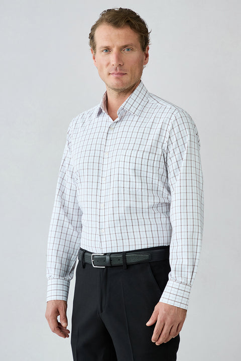 Medium Brown Long Sleeve Regular Fit Plaid Cotton Shirt