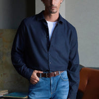 Dark Navy Long Sleeve Boxy Fit Flannel Striped Shirt