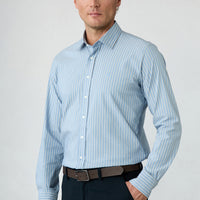 Havacı Mavi Uzun Kol Slim Fit Nakışlı Çizgili Pamuklu Spor Gömlek