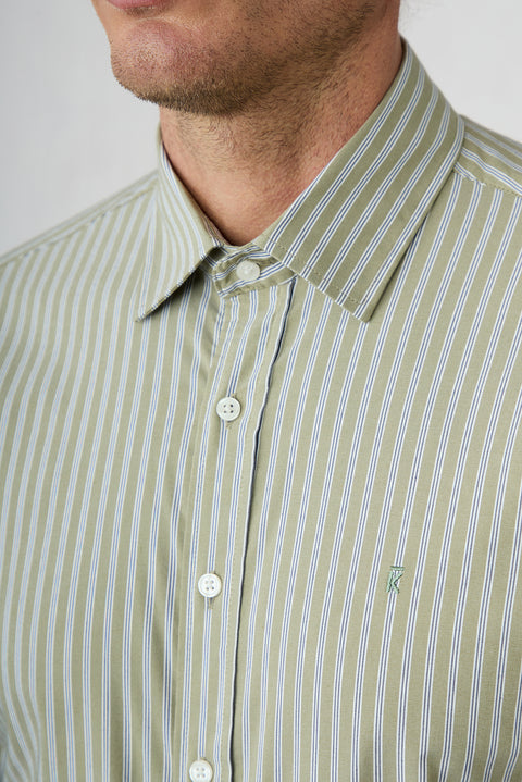Çağla Green Long Sleeve Slim Fit Striped Cotton Shirt