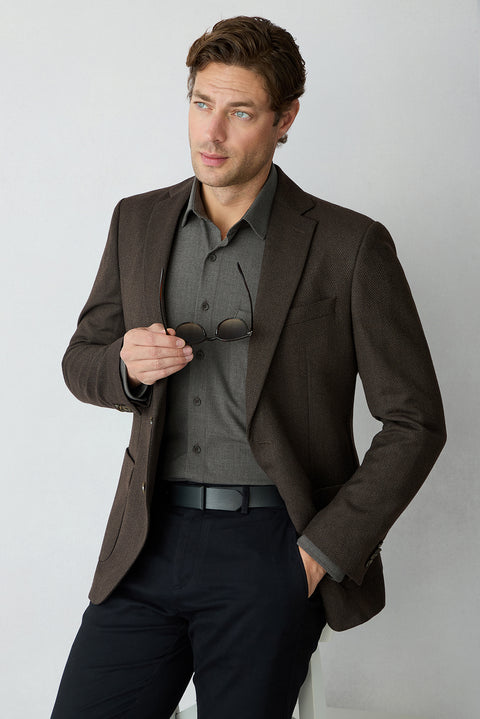 Medium Brown Long Sleeve Regular Fit Plain Shirt
