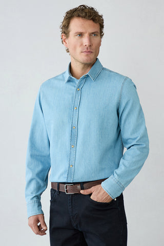  Açık Mavi Uzun Kol Regular Fit Denim Gömlek
