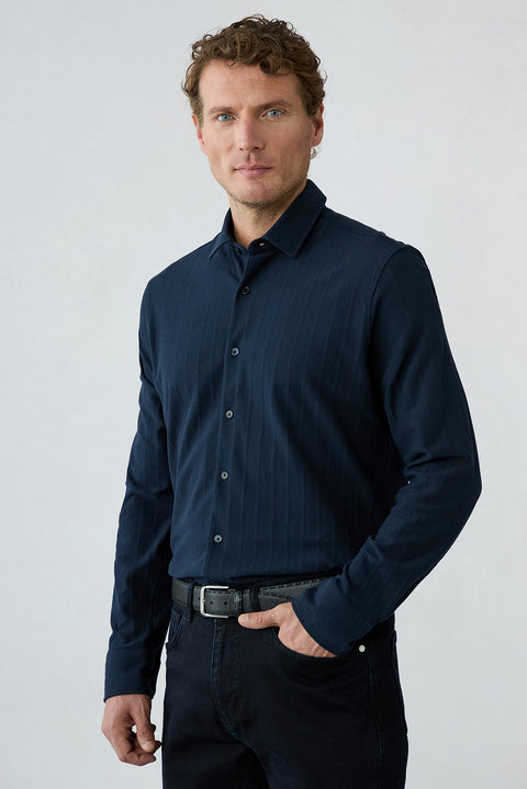 Dark Navy Long Sleeve Regular Fit Striped Cotton Shirt
