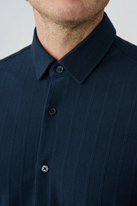 Dark Navy Long Sleeve Regular Fit Striped Cotton Shirt