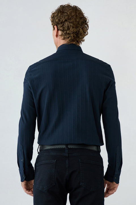 Dark Navy Long Sleeve Regular Fit Striped Cotton Shirt