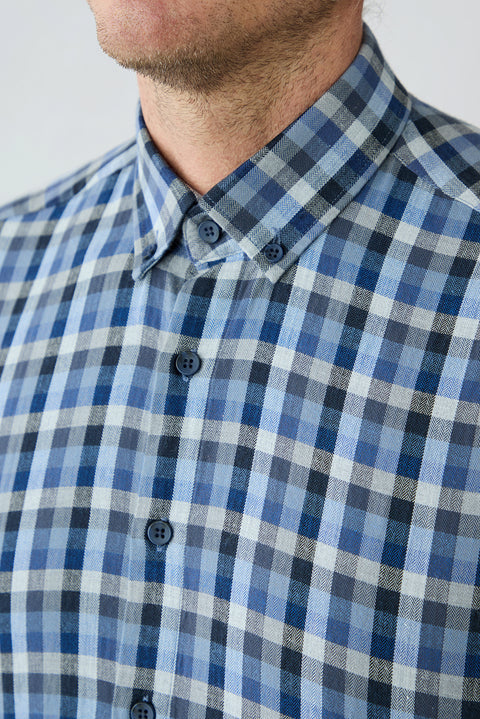 Mid-Navy Long Sleeve Regular Fit Plaid Cotton Shirt
