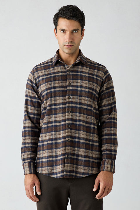Dark Brown Regular Fit Flannel Plaid Long Shirt