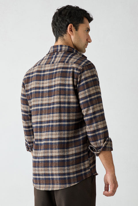 Dark Brown Regular Fit Flannel Plaid Long Shirt