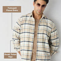Medium Beige Regular Fit Flannel Plaid Long Shirt