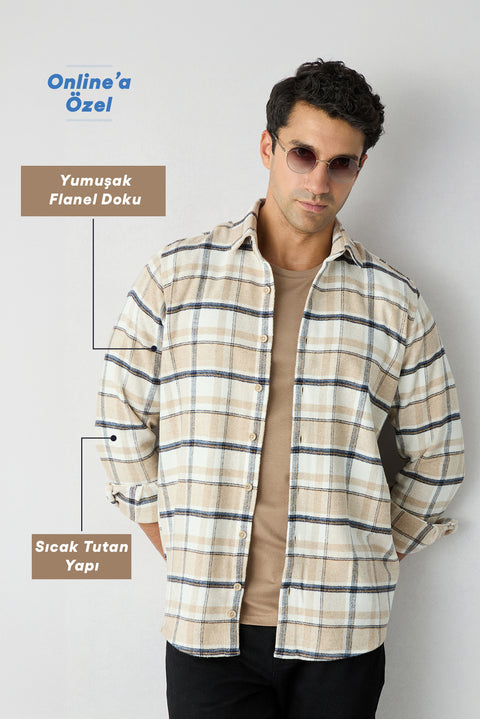 Medium Beige Regular Fit Flannel Plaid Long Shirt