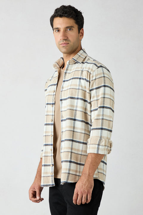 Medium Beige Regular Fit Flannel Plaid Long Shirt