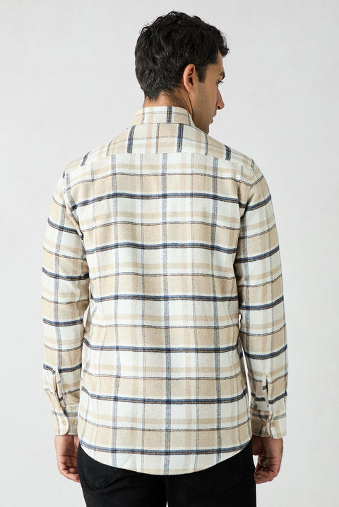 Medium Beige Regular Fit Flannel Plaid Long Shirt