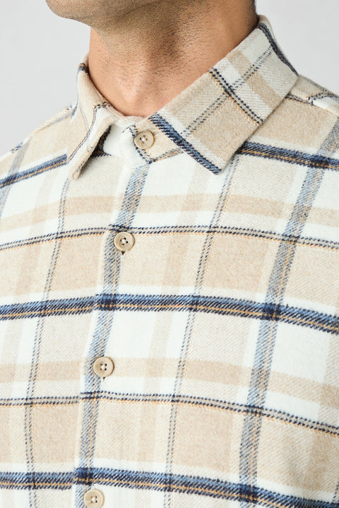 Medium Beige Regular Fit Flannel Plaid Long Shirt