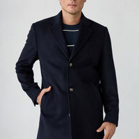 Dark Navy Regular Fit Notch Lapel Plain Wool & Cashmere Blend Coat