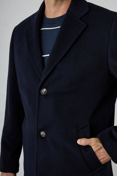 Dark Navy Regular Fit Notch Lapel Plain Wool & Cashmere Blend Coat