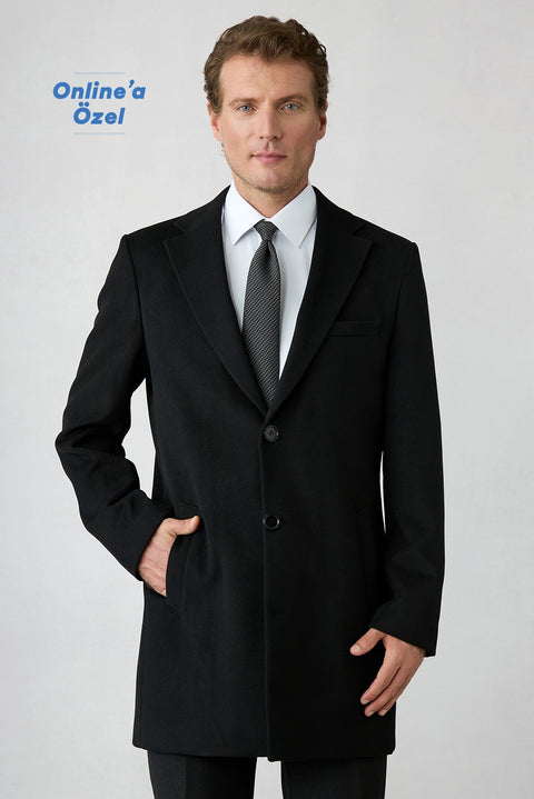 Black 6 Drop Regular Fit Notch Lapel Plain Coat