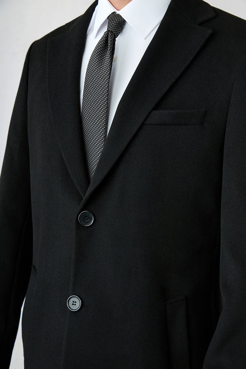 Black 6 Drop Regular Fit Notch Lapel Plain Coat