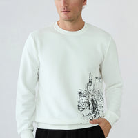 Ecru Regular Fit Crew Neck Printed Cotton Sweatshirt
