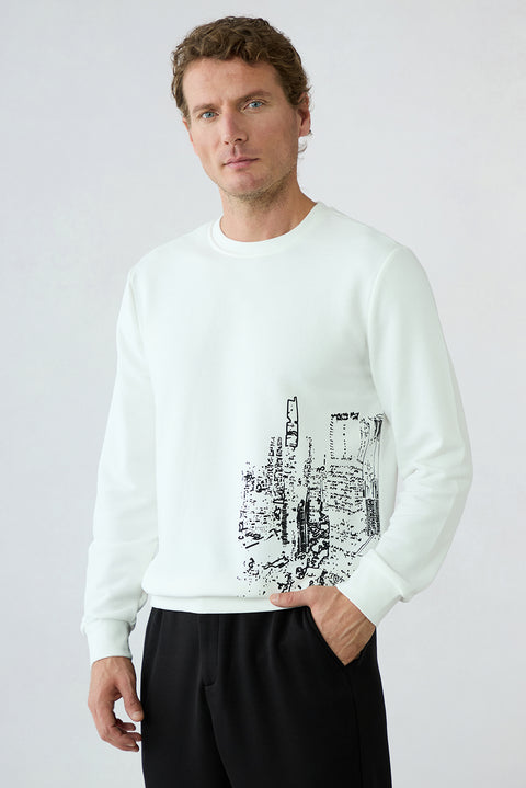 Ecru Regular Fit Crew Neck Printed Cotton Sweatshirt