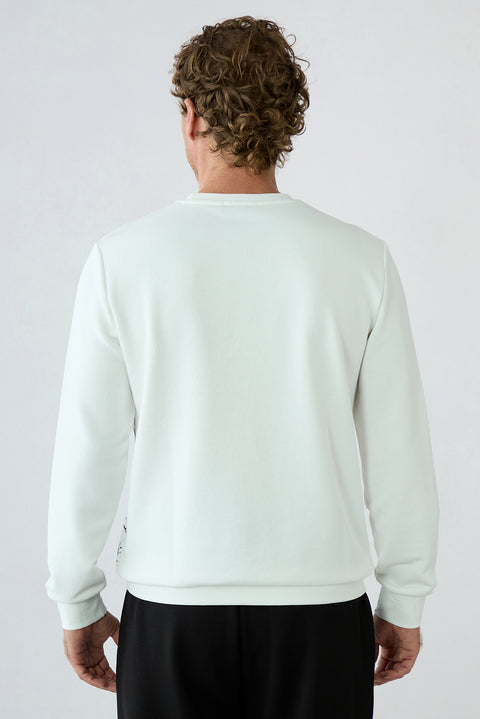 Ecru Regular Fit Crew Neck Printed Cotton Sweatshirt