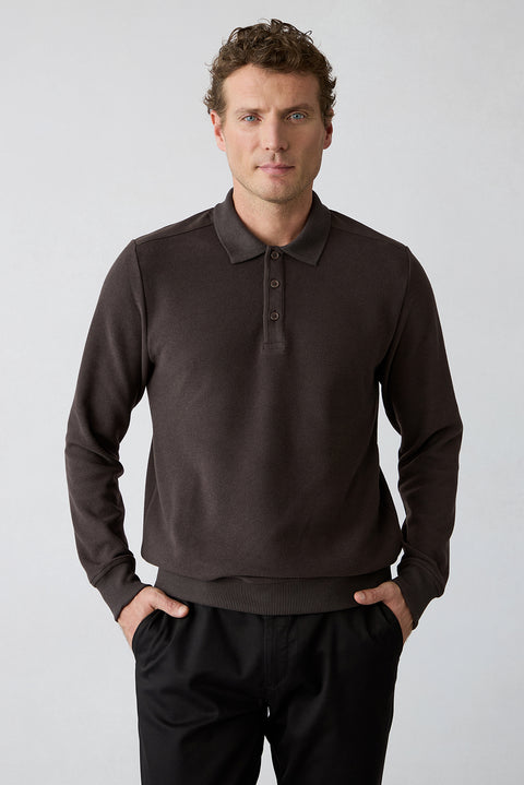Dark Brown Regular Fit Cotton Polo Neck Sweatshirt