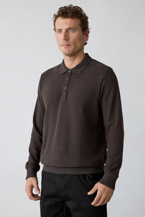 Dark Brown Regular Fit Cotton Polo Neck Sweatshirt