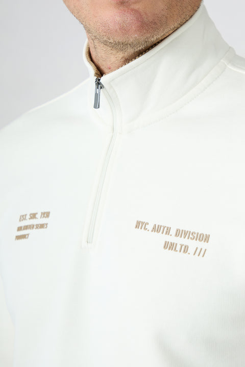 White Regular Fit Zippered Boat Neck Cotton Sweatshirt