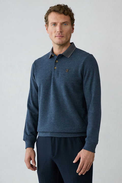 Mid Navy Mélange Polo Neck Regular Fit Cotton Sweatshirt