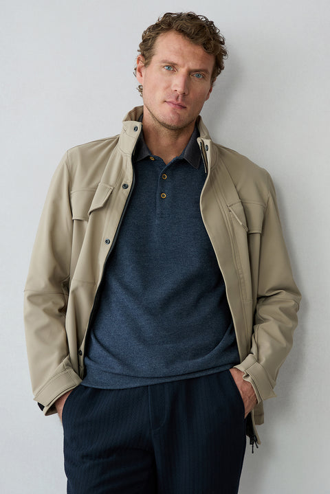 Mid Navy Mélange Polo Neck Regular Fit Cotton Sweatshirt