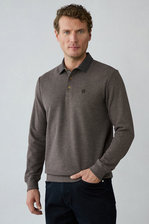 Light Brown Melange Polo Neck Regular Fit Cotton Sweatshirt