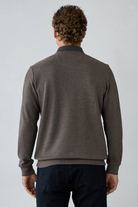 Light Brown Melange Polo Neck Regular Fit Cotton Sweatshirt