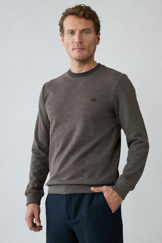  Açık Kahve Melanj Bisiklet Yaka Regular Fit Pamuklu Sweatshirt