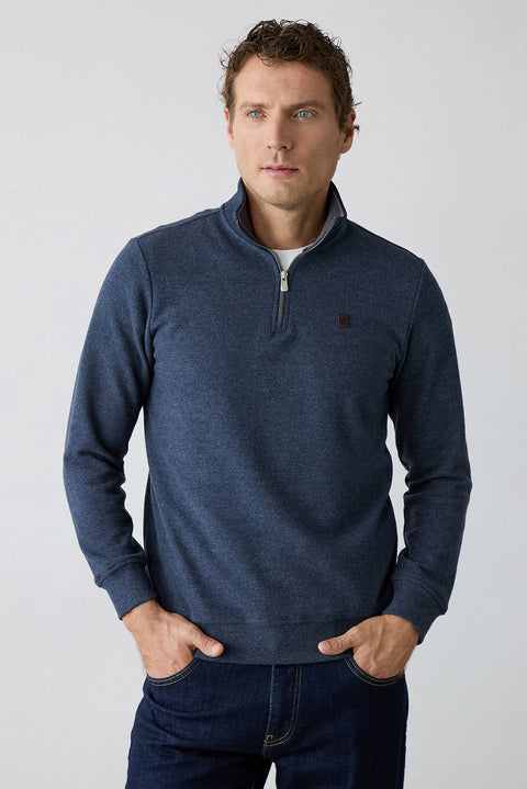 Mid Navy Melange Boat Neck Regular Fit Cotton Sweatshirt