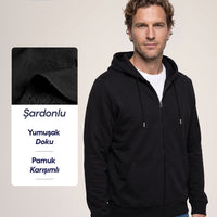 Siyah Kapüşonlu Fermuarlı Cepli Regular Fit Şardonlu Sıcak Tutan Pamuklu Basic Sweatshirt Hırka