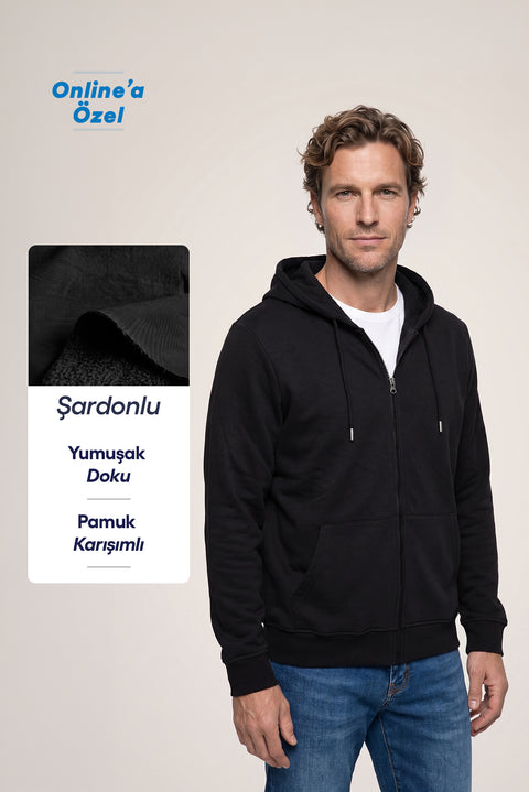 Siyah Kapüşonlu Fermuarlı Cepli Regular Fit Şardonlu Sıcak Tutan Pamuklu Basic Sweatshirt Hırka