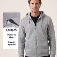 Orta Gri Melanj Kapüşonlu Fermuarlı Cepli Regular Fit Şardonlu Sıcak Tutan Pamuklu Basic Sweatshirt Hırka