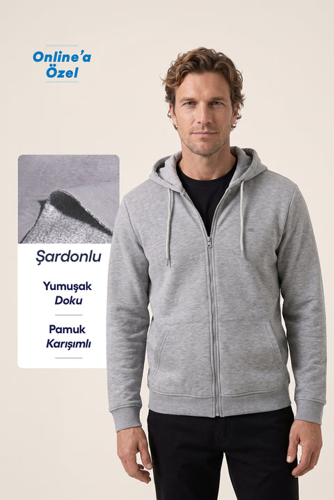 Orta Gri Melanj Kapüşonlu Fermuarlı Cepli Regular Fit Şardonlu Sıcak Tutan Pamuklu Basic Sweatshirt Hırka