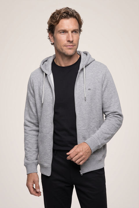 Orta Gri Melanj Kapüşonlu Fermuarlı Cepli Regular Fit Şardonlu Sıcak Tutan Pamuklu Basic Sweatshirt Hırka