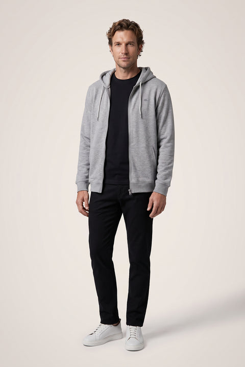 Orta Gri Melanj Kapüşonlu Fermuarlı Cepli Regular Fit Şardonlu Sıcak Tutan Pamuklu Basic Sweatshirt Hırka