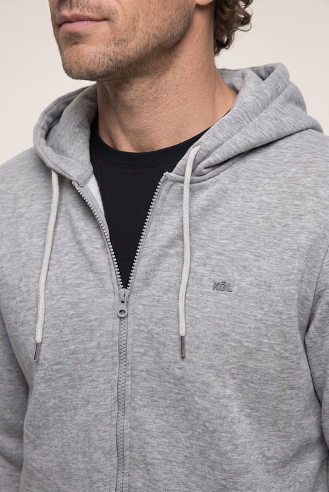 Orta Gri Melanj Kapüşonlu Fermuarlı Cepli Regular Fit Şardonlu Sıcak Tutan Pamuklu Basic Sweatshirt Hırka