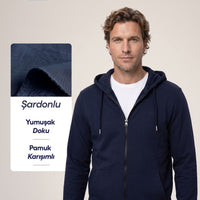 Koyu Lacivert Kapüşonlu Fermuarlı Cepli Regular Fit Şardonlu Sıcak Tutan Pamuklu Basic Sweatshirt Hırka