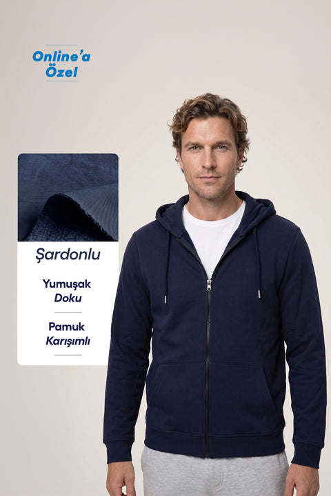 Koyu Lacivert Kapüşonlu Fermuarlı Cepli Regular Fit Şardonlu Sıcak Tutan Pamuklu Basic Sweatshirt Hırka