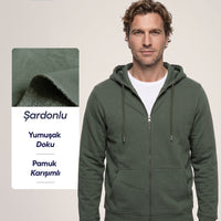 Orta Haki Kapüşonlu Fermuarlı Cepli Regular Fit Şardonlu Sıcak Tutan Pamuklu Basic Sweatshirt Hırka