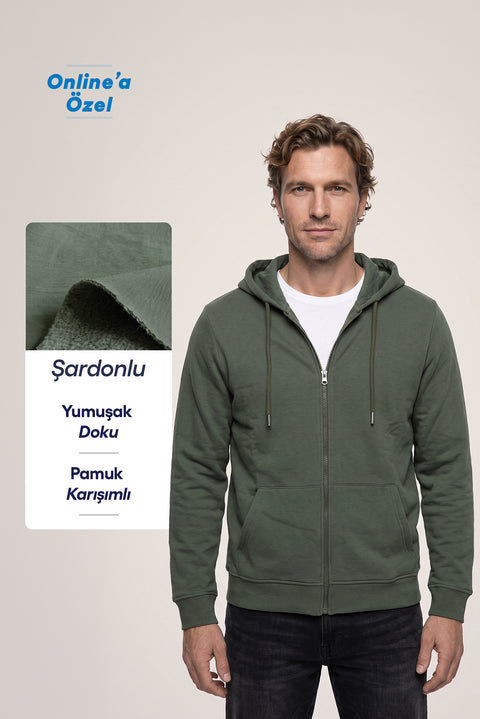 Orta Haki Kapüşonlu Fermuarlı Cepli Regular Fit Şardonlu Sıcak Tutan Pamuklu Basic Sweatshirt Hırka